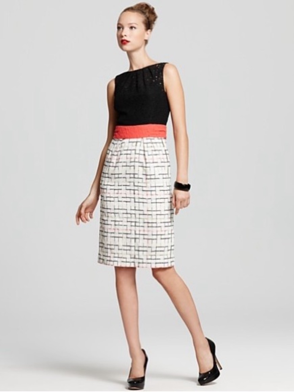 Milly Sleeveless Sheath Lace Bodice Tweed Skirt Knee Length Color Block Dress 10